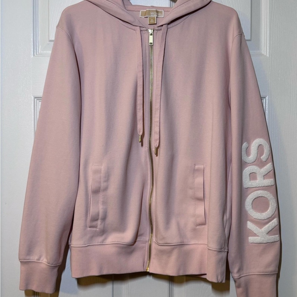Michael Kors‎ Womens Pink Zip Up Hoodie KORS Sleeve Logo Sweatshirt Size Medium